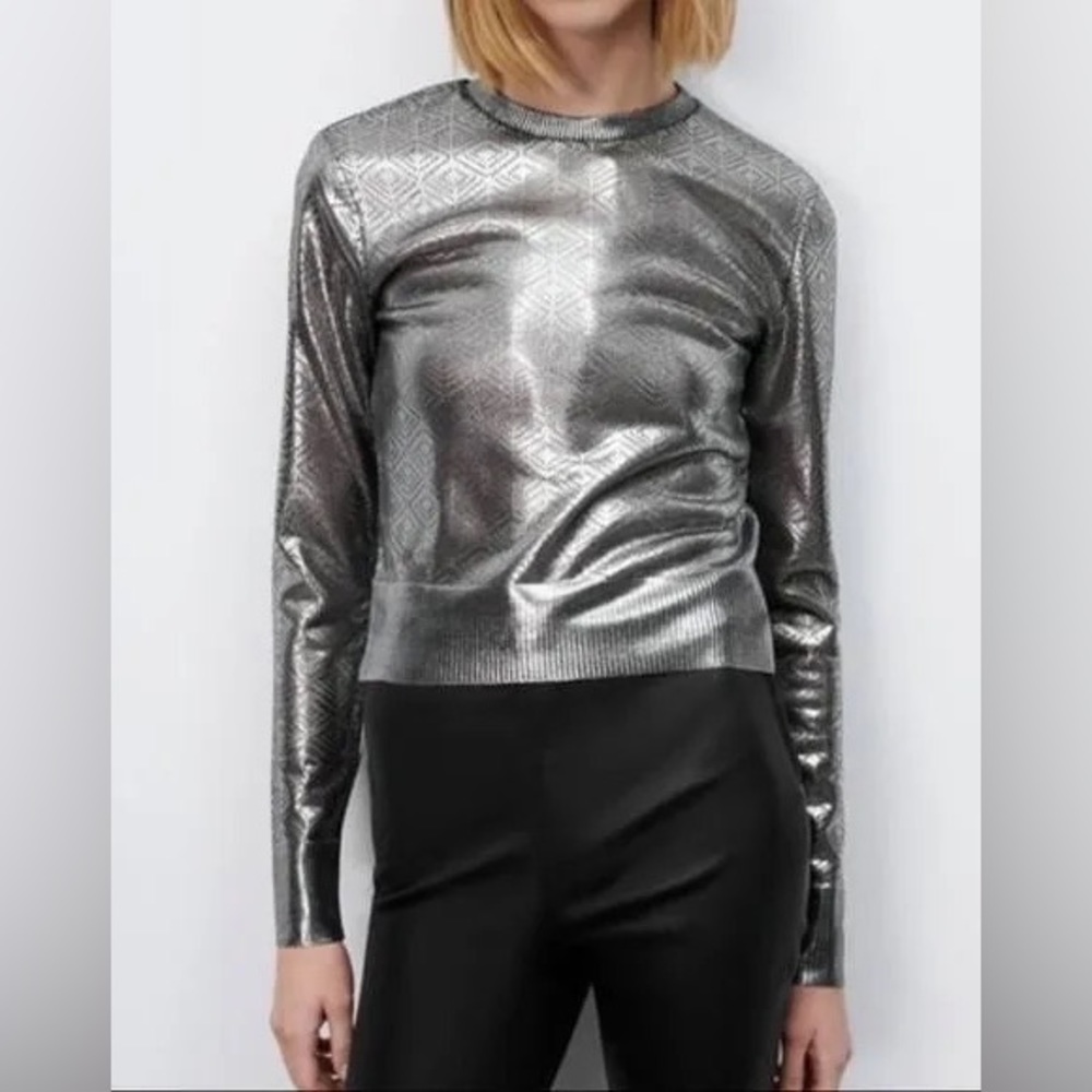 NWT Zara Metallic silver Pointelle crew neck long sleeve Sweater size small